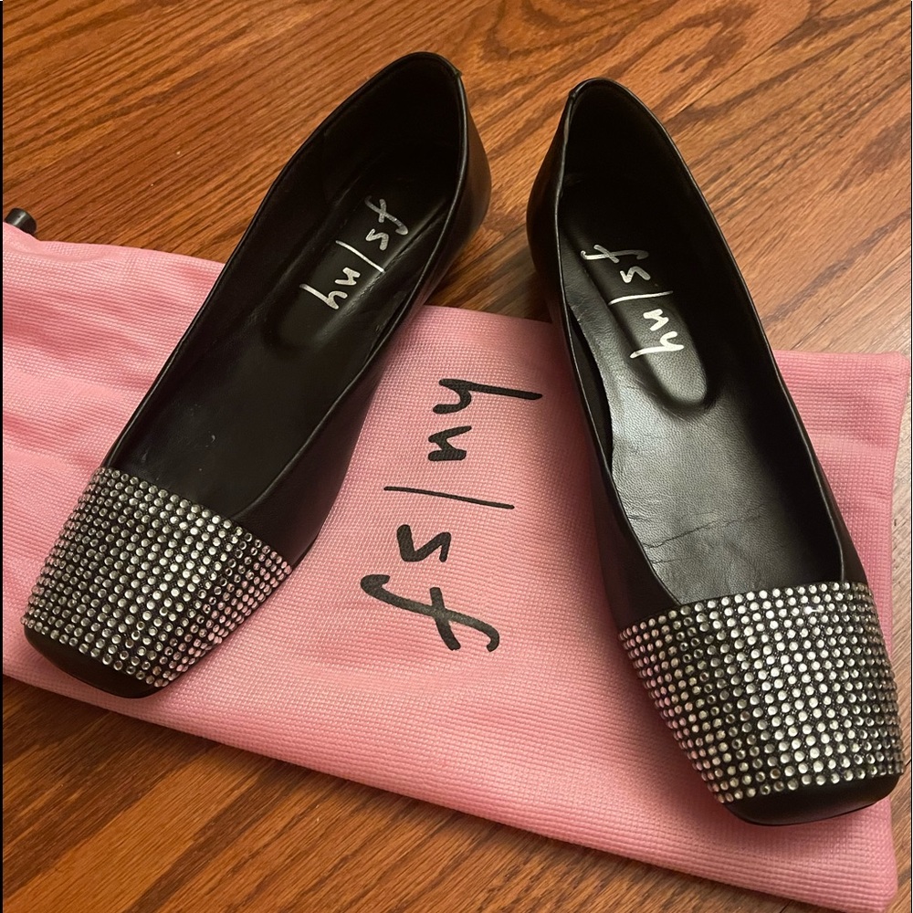 Spain women black flat leather shoes, size 6,5